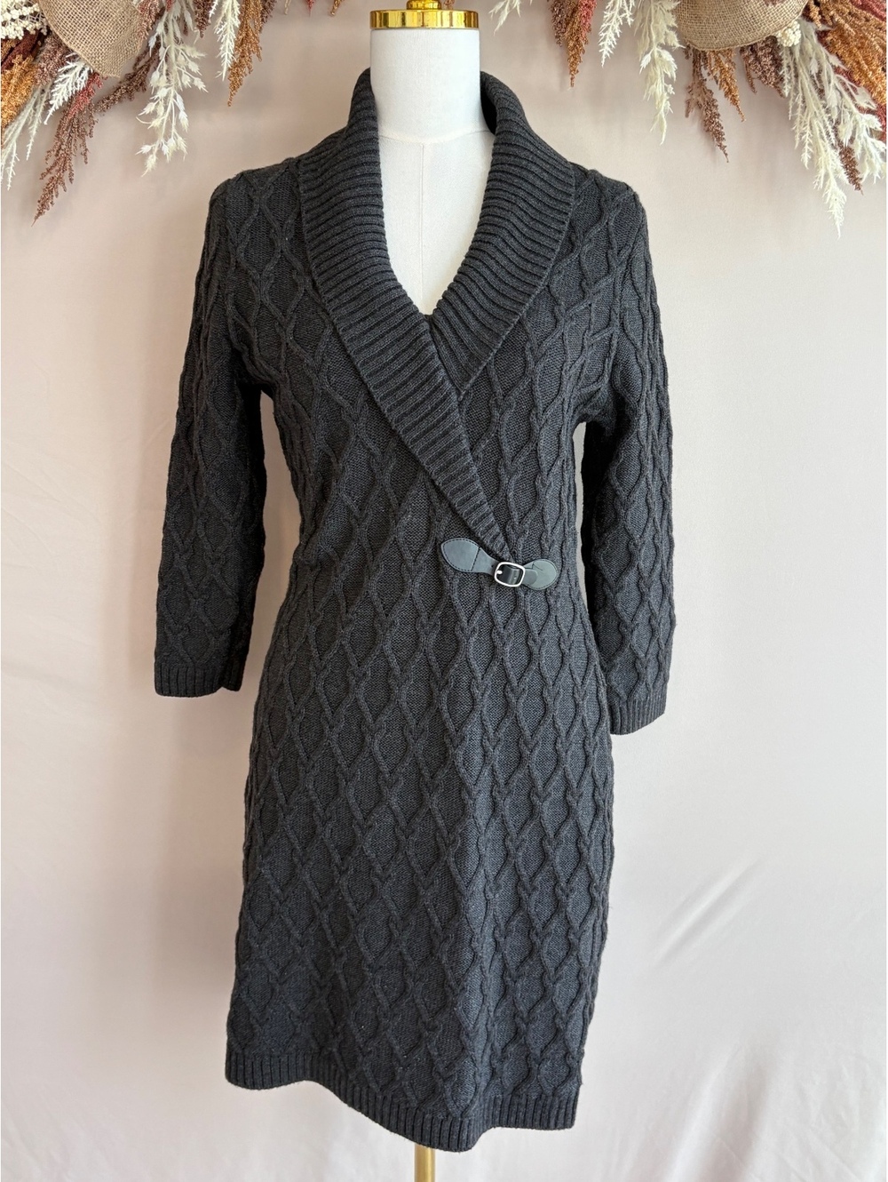 Calvin Klein Women's Medium Charcoal Gray Cable Knit Sweater Dress with Shawl Cc